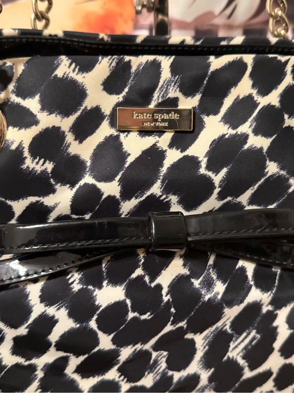 kate spade Black and White Leopard Print Shoulder Bag with Gold Chain Handles
